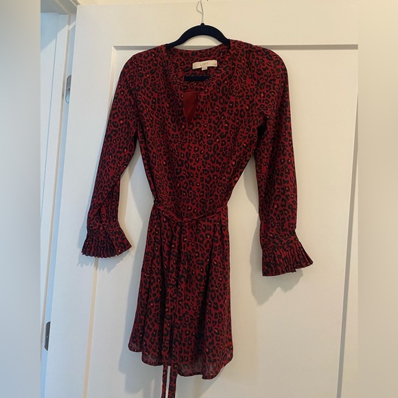LOFT leopard print maroon dress tie waist - Picture 2 of 2